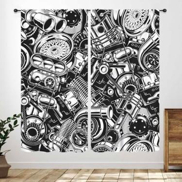 Imagem de Cortinas de caverna masculina, peças de carro retrô para automóveis, motor, preto, branco, vintage, cortinas, tratamentos para meninos, homens, adolescentes, quarto, sala de estar, cozinha, bar,
