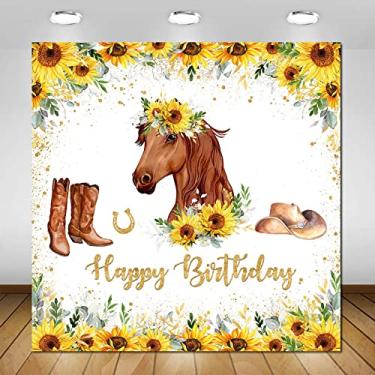 Imagem de Avezano Pano de fundo de aniversário de vaqueira, girassol, vegetação, floral, cavalo, fotografia, fundo, sela, cavalo, decorações de aniversário ocidentais para meninas (2,4 x 2,4 m)