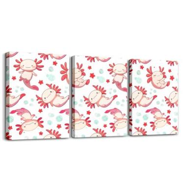 Imagem de Feelyou Linda arte de parede em tela axolotl para quarto 30,5 x 40,6 cm x 3 peças desenho animado salamandra imagem decoração de parede meninos meninas oceano vida marinha kawaii réptil animal mar