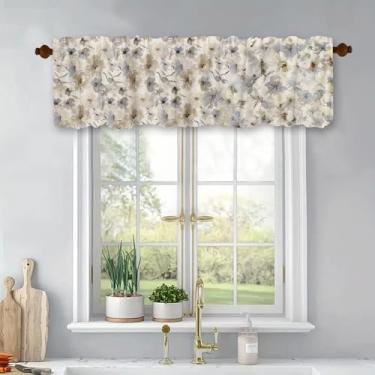 Imagem de Cortinas curtas de cozinha bege cinza floral para tratamento de janelas, cortinas blackout com bolso para varão, painel para banheiro, quarto, sala de estar, 137 x 45 cm
