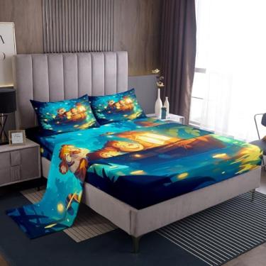 Imagem de Jogo de lençol solteiro com desenho animado de animal de aventura, tigre e macaco de tigre tropical, lago, selva, lago, crianças, adolescentes, adultos, barco de madeira, moderno, 3 peças (elástico +