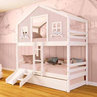 Imagem de Treliche Casinha dos Sonhos com Kit Escada/ escorregador Madeira Maciça Rosa/ Branco Megamobilia