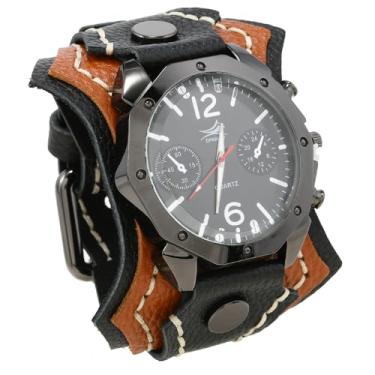 Imagem de MINILUJIA Relógios masculinos feitos à mão com corda de cera costurada vintage punk hip-hop gótico largo couro macio genuíno relógio de pulso personalizado mostrador quadrado bronze, Preto + marrom