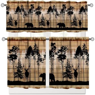 Imagem de Cortinas de janela de cozinha para cafeterias curtas e rústicas de madeira rústica, urso, veado, vintage, rústica, cabana, quarto, sala de estar, banheiro, tratamentos, conjunto de 3 peças