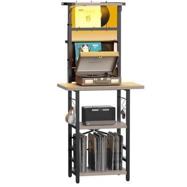 Imagem de YAKANJ Suporte para toca-discos com luz LED, mesa de toca-discos com armazenamento de vinil, suporte para toca-discos com suporte de vinil para sala de música, estúdio, Greige