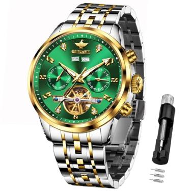 Imagem de OUPINKE Relógio masculino esqueleto, mecânico, automático, luxuoso, à prova d'água, cristal de safira, relógio de pulso masculino (mostrador dourado/azul/preto/verde), 3248: pulseira prateada dourada