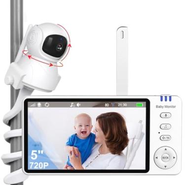 Imagem de 5.0" Babá Eletronica, 720P Monitor de Bebe com Tela, 4X Zoom Digital, Áudio Bidirecional, Monitoramento Temperatura, Visão Noturna, Incluindo o suporte da câmara, Detecção De Som Vox,8 peças de música