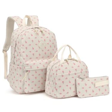 Imagem de Mochila escolar de veludo cotelê para meninas e adolescentes, conjunto de mochila escolar com lancheira e bolsa de lápis, Flor rosa de veludo cotelê