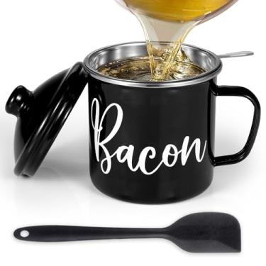 Imagem de Protetor de gordura de bacon com coador - com espátula de silicone de grau alimentício, recipiente de gordura rústico esmaltado grande de 1,304 g, recipiente de gordura de fazenda, guardador, receitas