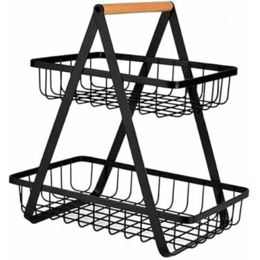 Imagem de Fruteira de Chão Mesa Tripla Aramada Cesto Organizador de Frutas Metal Madeira Cozinha 2 e 3 Andares(DUPLA - 2 Andares Preto)
