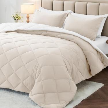 Imagem de MUXHOMO Jogo de cama solteiro GG de 5 peças, cama reversível em uma bolsa, tamanho twin GG, todas as estações, lençol de cima, lençol com elástico, fronhas e fronhas, bege e branco