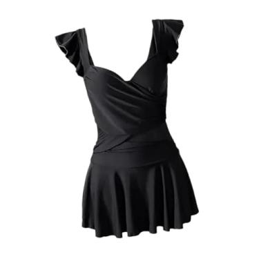 Imagem de Dynwave Maiô feminino com saia, leve, decote em V, moda praia, festa, férias, spa, viagem, piscina, M