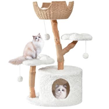 Imagem de Easyego Árvore moderna para gatos, torre de madeira estética para gatos grandes, condomínio de luxo para gatos com postes para arranhar e plataformas de flores, móveis para gatos da Easyego (cabelo de