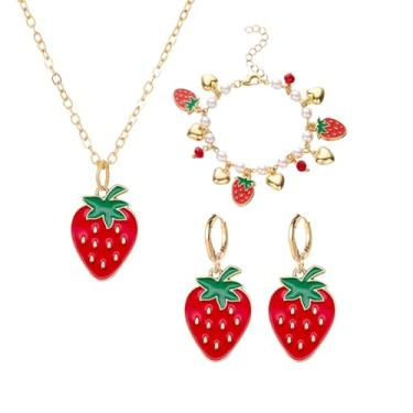 Imagem de coadipress Conjunto de joias de morango, brincos de morango, colar e pulseira para mulheres, fofo, realista, comida, fruta, berloque, joias, presentes de aniversário, Middle, Metal, Sem Pedra Preciosa