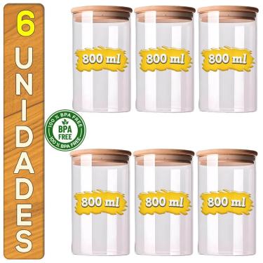 Imagem de Kit 6 Potes De Vidro Herméticos 800ml Para Mantimentos Tampa De Bambu