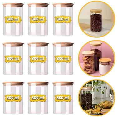 Imagem de Conjunto 9 Potes 800ml Porta Mantimento Frasco De Vidro Herméticos Tampa de Bambu Natural