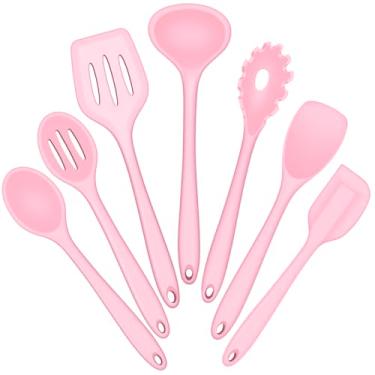Imagem de E-far Conjunto de utensílios de cozinha de silicone, conjunto de 7 peças rosa resistentes ao calor, ferramentas antiaderentes, espátula, concha, colher, servidor de macarrão, para panelas