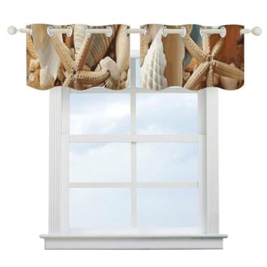 Imagem de Cortina blackout com tema de praia com conchas e escurecimento de quarto, cortinas de janela curtas, isolamento térmico, para cozinha, sala de jantar, quarto, 2 painéis 132 x 46 cm