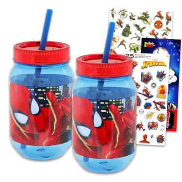 Imagem de Spider-Man Copos De Água Do Homem-Aranha - Pacote Com 2 Tampas E Canudo Para Casa, Além Tatuagens, Adesivos Muito Mais, Vidro Meninos