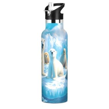 Imagem de Garrafa térmica infantil Polar Bear com tampa de palha, garrafa térmica à prova de vazamento de aço inoxidável para esportes e viagens, escola, 590 ml