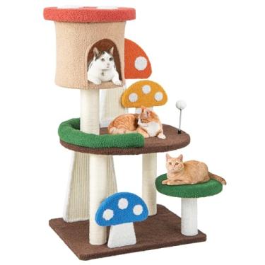 Imagem de HOMGX Árvore de gato cogumelo para gatos internos, linda torre de gatos com plataformas e bola de mola interativa, móveis de condomínio de gatinhos com postes e tábuas para arranhar sisal, centro de