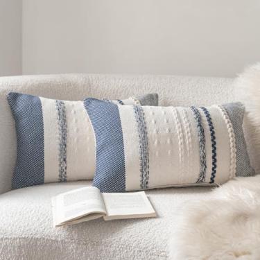 Imagem de Cethom Conjunto de 2 capas de almofada Boho 30 x 50 cm, azul marinho texturizadas decorativas para decoração de casa de fazenda, capa de almofada com destaque para sofá, cama, sala de estar, quarto