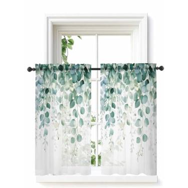 Imagem de Cortinas transparentes de folha de eucalipto para quarto, sala de estar, folhas botânicas, verde-primavera, cortinas de café, 132 x 137 cm, 2 painéis