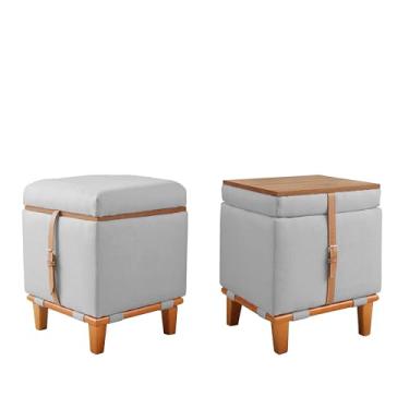 Imagem de Puff Quadrado Flex Baú Linho Soft Madeira Maciça Assento Mesa Centro Multifunções (Prata)