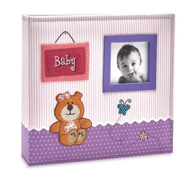 Imagem de Álbum de fotos Ical, encadernação fichário, para 200 fotos 10x15cm - envelope plástico branco - linha Bebê - capa em tecido - modelo rosa urso baby com janela - 801