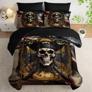 Imagem de AILONEN Conjunto de edredom casal de caveira pirata - 7 peças de cama náutica retrô macia em uma bolsa - edredom de caveira do capitão com bandeira americana, lençol de cima, 2 fronhas, 2 fronhas para