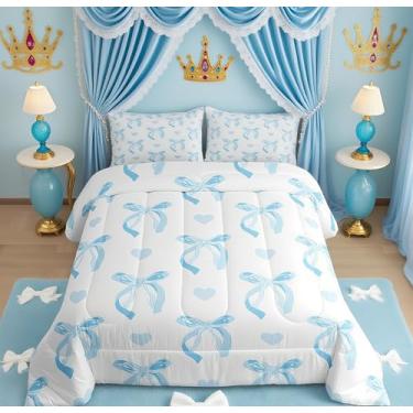 Imagem de jejeloiu Conjunto de cama solteiro com laço azul e laço para crianças, mulheres, desenho animado amor, coração, conjunto de edredom azul e branco, 2 peças