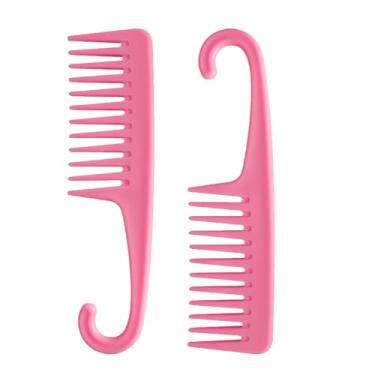 Imagem de Wapodeai 2 Pentes de chuveiro de dentes largos com gancho, bom para cabelos cacheados secos e úmidos, pentes premium sem emaranhados, rosa.