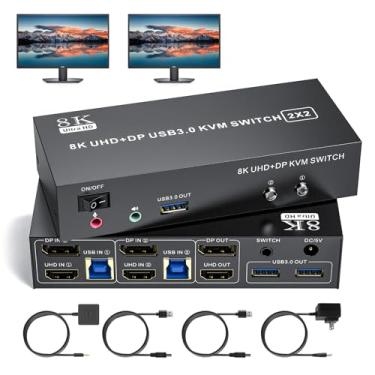 Imagem de TaiLaiEra Comutador Hdmi Displayport Kvm Para 2 Monitores, 8K A 60Hz E 4K 60Hz, Monitor Duplo Computadores, 3 Portas Usb 3.0, Suporte Modo Estendido/Espelho Com Controlador De Mesa, Cabos Adaptador