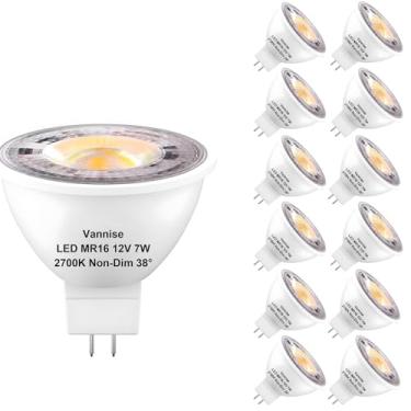 Imagem de Vannise Lâmpada LED MR16 GU5.3 2700K branca suave, pacote com 12 lâmpadas de LED MR16 para iluminação de paisagem 450LM 7W, equivalente a 50W, base GU5.3 sem cintilação, lâmpadas não reguláveis para