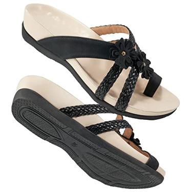 Imagem de FUDYNMALC Chinelo ortopédico feminino com suporte de arco para pés chatos, sandálias ortopédicas, fascite plantar, confortável, sandália de caminhada para mulheres, Preto, 35