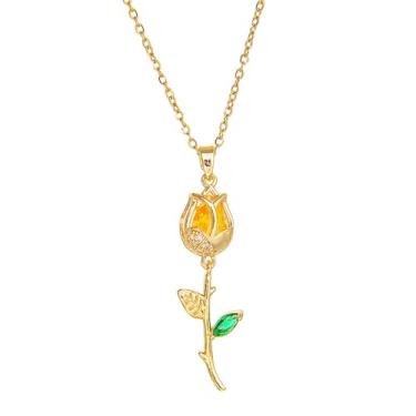 Imagem de Colar feminino com pingente de flor de tulipa de zircônia cúbica, banhado a ouro, elegante, pingente de folha de cristal, corrente de elos delicados, aniversários, férias, aniversário, joias, presente