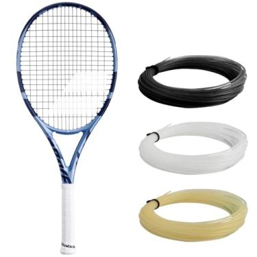 Imagem de Babolat Raquete de tênis Pure Drive 107 11ª geração (aderência de 11 cm) amarrada com estripa branca em tensão de médio alcance