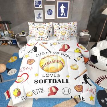 Imagem de Jogo de cama de casal de softball, com 7 peças, luva de taco de beisebol, para meninos, bola esportiva, bola e lençol de cima, decoração de quarto de jogos