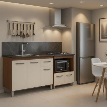 Imagem de Kit Cozinha Com Balcao Para Pia Armário 120cm Bianca Balcão Cooktop Elisa 5 Bocas Cor Savana Off White