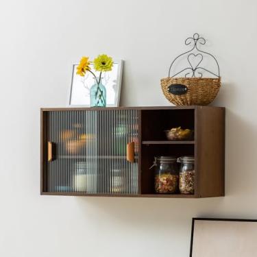 Imagem de Furlide Armário de armazenamento de bancada de bambu montado na parede com porta de vidro, armário de cozinha suspenso com prateleiras ajustáveis, aparador de despensa pequeno para sala de jantar