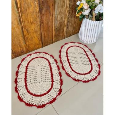 Imagem de Kit 2 Tapetes Leque com Listra 70cm x 45cm Crochê Artesanal (Vermelho)