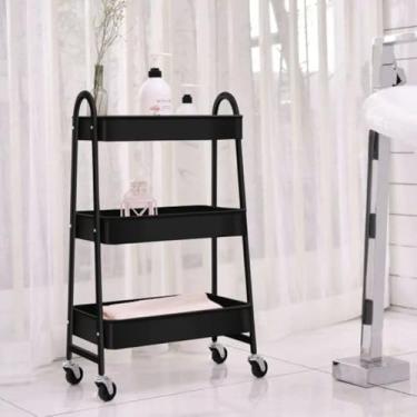 Imagem de Carrinho Organizador Multiuso de Metal com 3 Andares e Rodinhas – Prateleira Portátil para Quarto, Sala, Cozinha, Banheiro e Escritório (Preto)