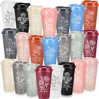 Imagem de LemonRoad 22 peças presentes de agradecimento de funcionários 473 ml copos de café reutilizáveis agradecimento com tampas copos de plástico inspiradores caneca de viagem floral a granel para colega de