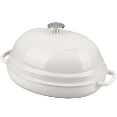 Imagem de EDGING CASTING Panela de forno holandês de ferro fundido oval esmaltado com tampa, forno holandês de pão para assar pão de fermento, 6 litros, branco