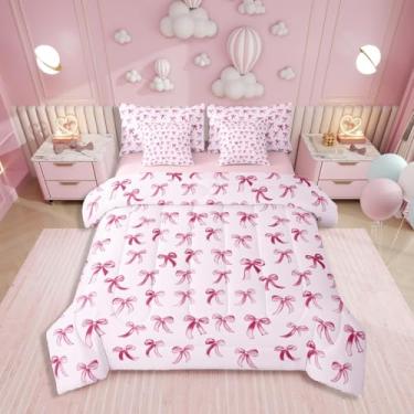 Imagem de Erosebridal Jogo de edredom kawaii casal com laço e gravata borboleta fofa para crianças, meninas, conjunto de cama sonhadora de princesa com desenho animado para cama, fita rosa