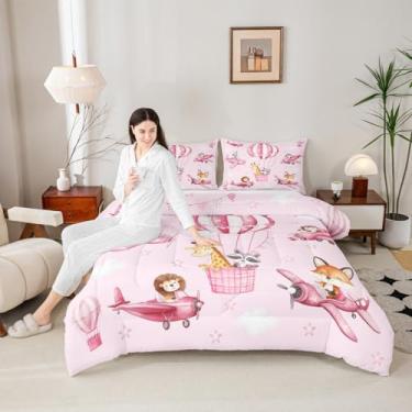 Imagem de Manfei Jogo de cama com estampa de animais fofos, tamanho solteiro, leão, zebra, girafa, raposa, guaxinim, decoração de quarto de meninas, mulheres, aviões estrelados, balão de ar quente, edredom rosa