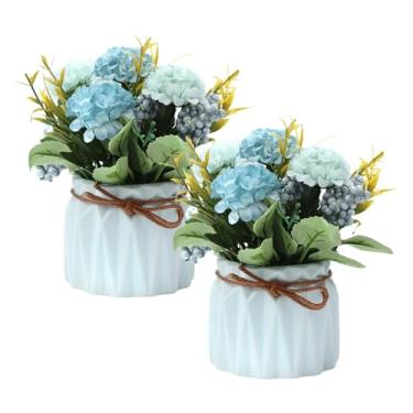 Imagem de YACVRLT 2 peças de mini flores artificiais de Hygrangea em vaso, decorações de mesa de centro pequenas – planta falsa em vaso, decoração de flor de hortênsia sintética para casa, casamento, escritório