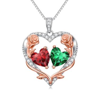 Imagem de Zoeniya Colar de coração rosa, presente para mulheres, banhado a ouro branco 18 k, pedra do mês de nascimento de 12 meses, presente de aniversário e Natal para sua esposa, namorada, 25mm, base
