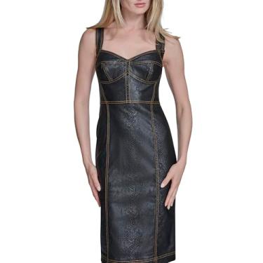 Imagem de BCBG Vestido midi feminino sem mangas com gola redonda e bainha jeans, Preto, 40