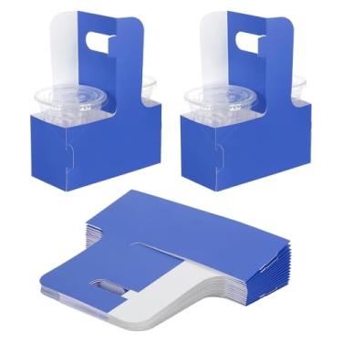 Imagem de PATIKIL Porta-bebidas com alça, 25 peças de papelão Kraft 2 porta-copos para bebidas quentes ou frias, sacos de presente de flores, caixas de embalagem floral para festa, azul